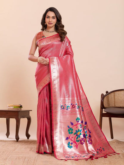 Pink Color Beautiful Soft Silk Fabric Woven Designer Saree