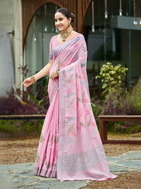 Pink Color Beautiful Rich Looks Designer Linen Fabric Ceremonial Saree