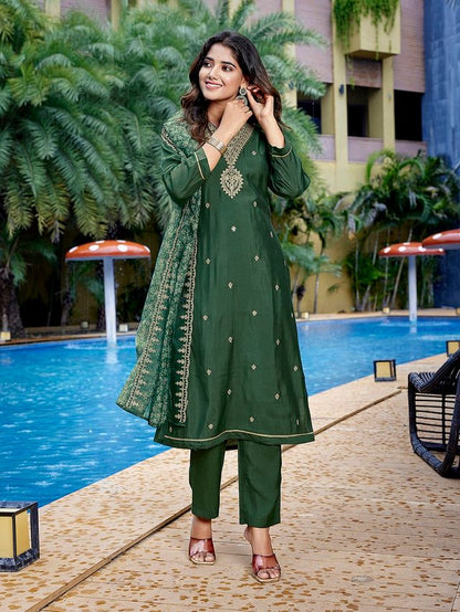 Bottle Green Color Stylish Partywear Readymade Ethnic Suit