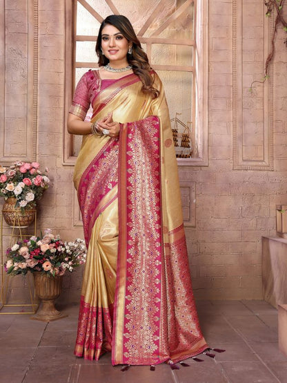 Cream Color Banarasi Tissue Silk Ethnic Jacquard Weving Designer Ceremonial Saree