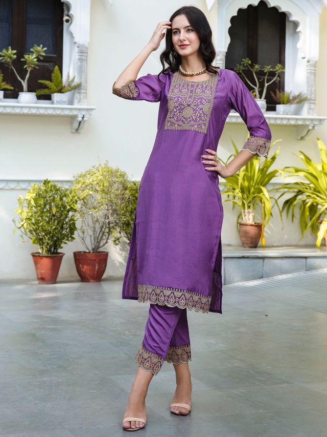 Purple Color Designer Embroidered Silk Blend Ethnic Festive Special Suit