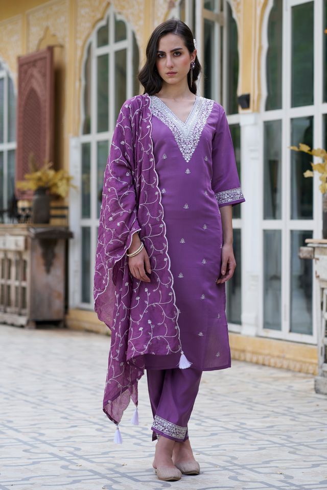Purple Color Silk Blend Fabric Smart Embroidered Girlie Trendy Salwar Suit