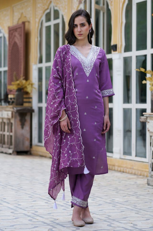 Purple Color Silk Blend Fabric Smart Embroidered Girlie Trendy Salwar Suit