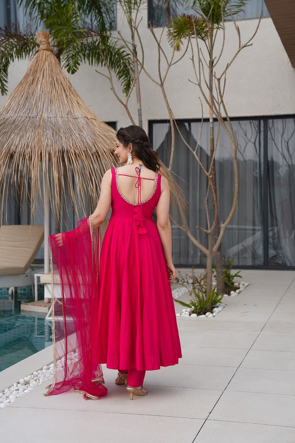 Ranipink Pure Romansilk Chanderi Plain Fully Flair Anarkali Suit