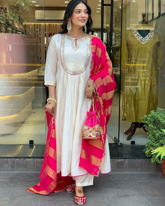 Cream Color Ethnic Cotton Silk Fabric Readymade Kurta Set With Dupatta