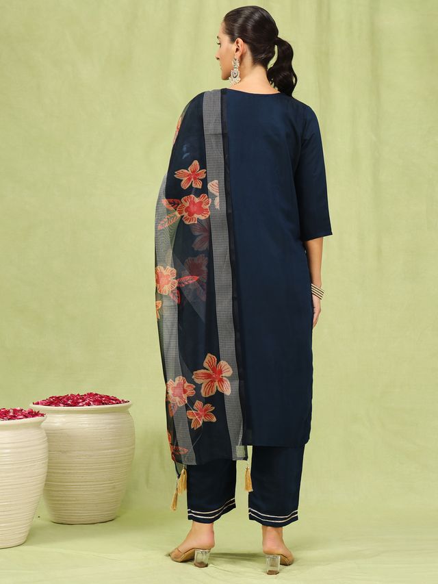 Blue Color Viscose Roman Silk Fabric Designer Embroidery Work Sophisticated Girlie Salwar Kameez