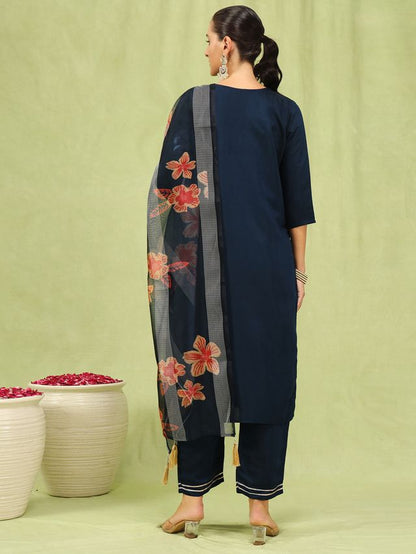 Blue Color Viscose Roman Silk Fabric Designer Embroidery Work Sophisticated Girlie Salwar Kameez