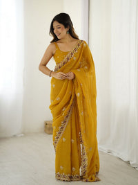 Mustard Color Crunchy Fabric Beautiful Partywear Saree For Girlie Looks