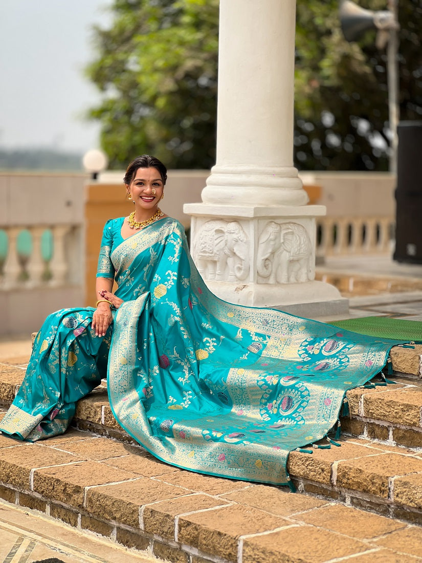 Firozi Soft Banarasi Silk Meenakari Weaving Saree With Unstitched Blouse