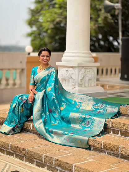 Firozi Soft Banarasi Silk Meenakari Weaving Saree With Unstitched Blouse