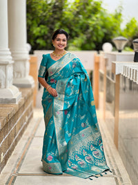 Firozi Soft Banarasi Silk Meenakari Weaving Saree With Unstitched Blouse