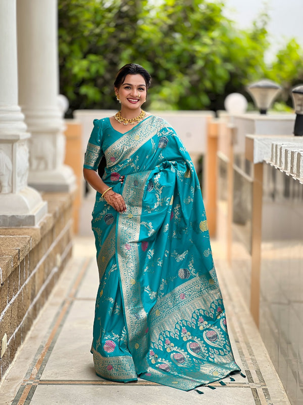Firozi Soft Banarasi Silk Meenakari Weaving Saree With Unstitched Blouse
