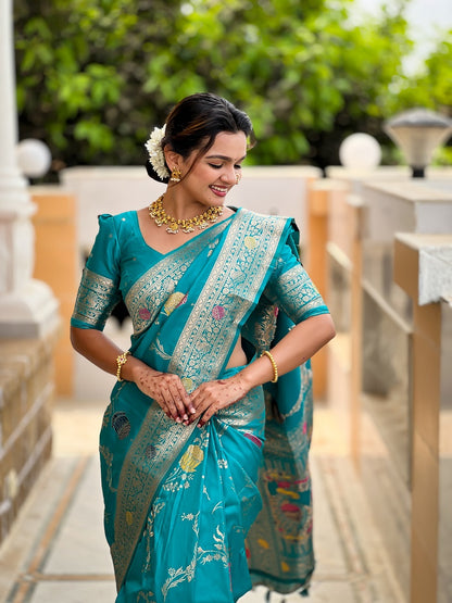 Firozi Soft Banarasi Silk Meenakari Weaving Saree With Unstitched Blouse