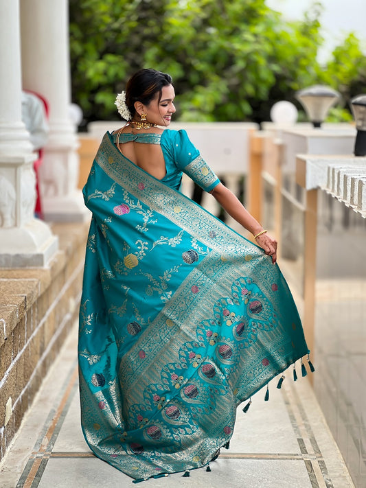 Firozi Soft Banarasi Silk Meenakari Weaving Saree With Unstitched Blouse