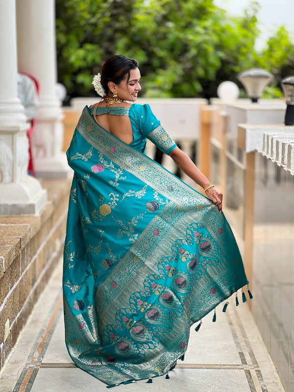 Firozi Soft Banarasi Silk Meenakari Weaving Saree With Unstitched Blouse