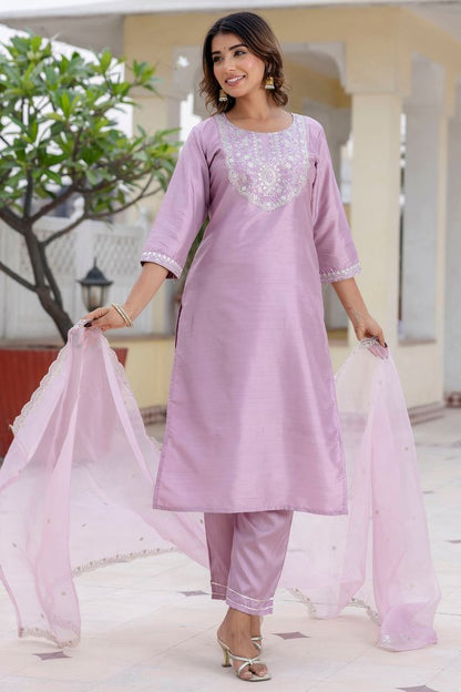 Lavender Color Designer Embroidered Silk Blend Ethnic Festive Special Suit