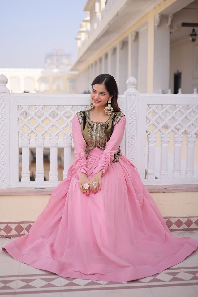 Pink Color Mal Chanderi Fabric Readymade Gown With Koti For Ethnic Partywear Looks