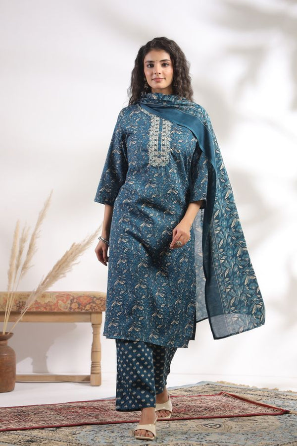 Blue Color Cotton Fabric Stylish And Trendy Kurta Set For Ethnic Girls Blue Color