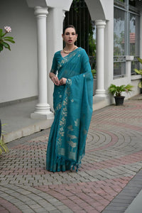 Firozi Color Jute Linen Silk Fabric Beautiful Graceful Saree