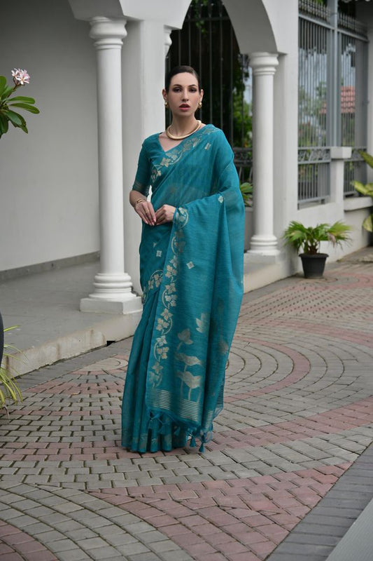 Firozi Color Jute Linen Silk Fabric Beautiful Graceful Saree