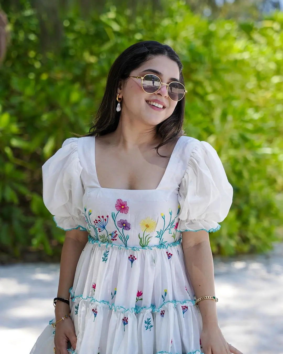 Women's Gorgeous Pure Cotton Fabric Puff Sleeve with Flare Dress