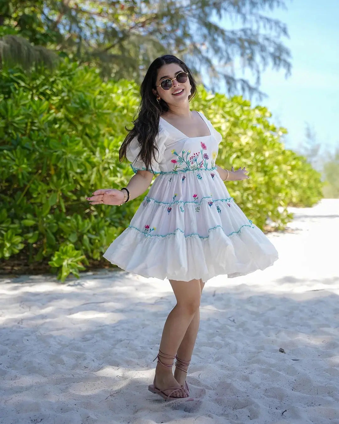 Women's Gorgeous Pure Cotton Fabric Puff Sleeve with Flare Dress