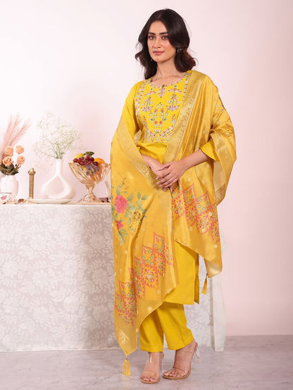 Yellow Color Poly Silk Fabric Smart Ethnic Partywear Kurta Set