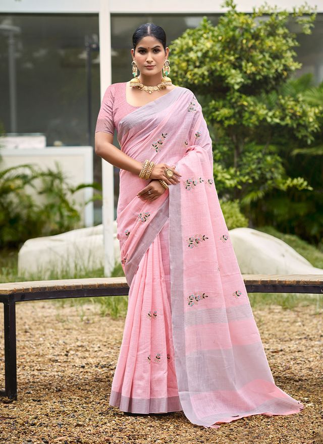 Light Pink Color Beautiful Linen Fabric Sophisticated Ethnic Saree