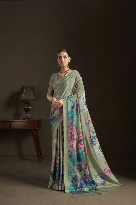 Grey Color Stylish Digital Printed Silk Crepe Fabric Saree For Trendy Looks