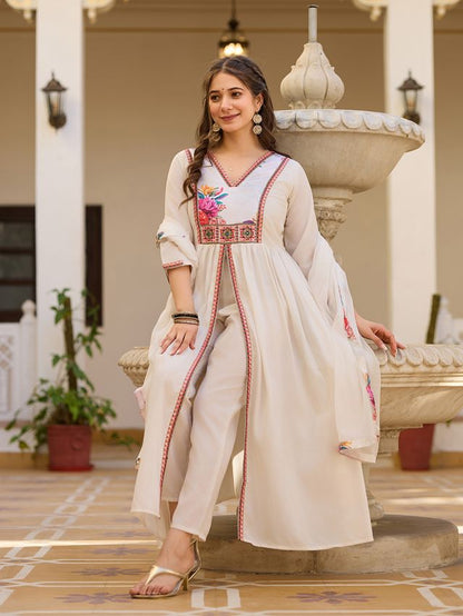 Off White Color Silk Fabric Ceremonial Readymade Kurta Set with Dupatta