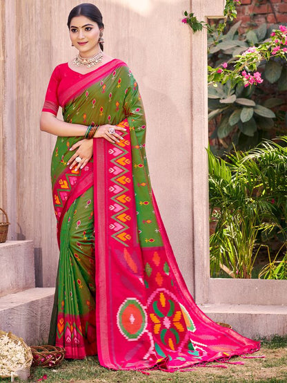 Mehandi Color Pochampalli Silk Fabric Designer Woven Ethnic Ceremonial Saree