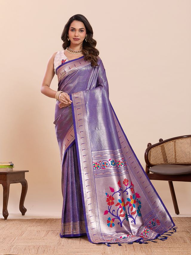 Voilet Color Beautiful Soft Silk Fabric Woven Designer Saree
