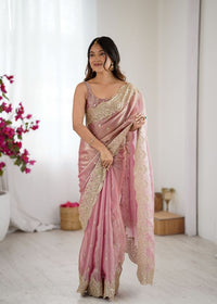 Pink Color Fendy Chiffon Fabric Beautiful Embroidered Saree