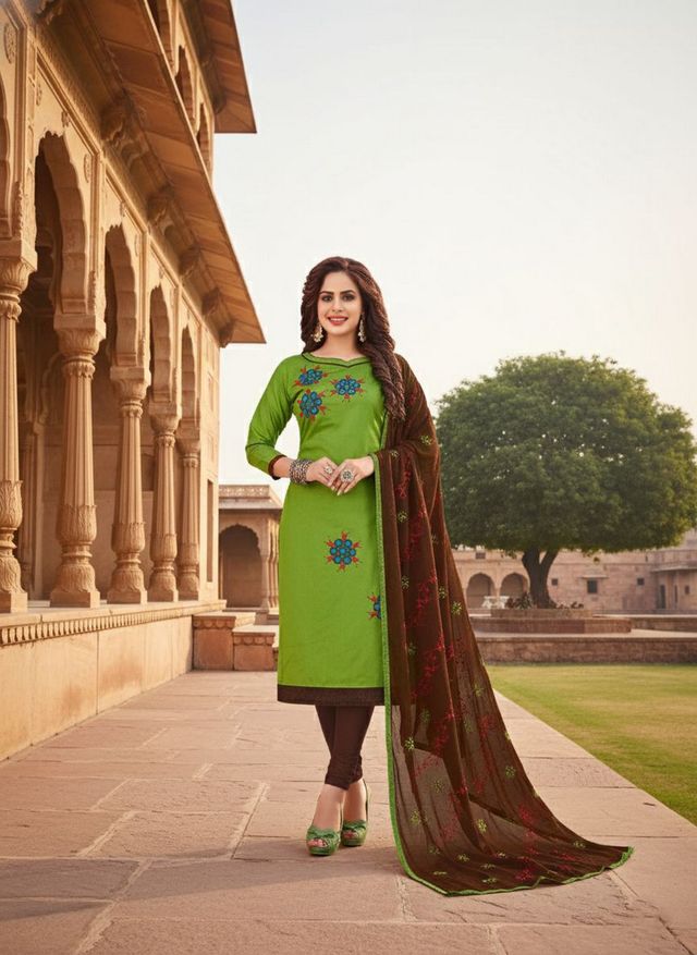 Green Color Cotton Slub Fabric Designer Casual Suit With Embroidery