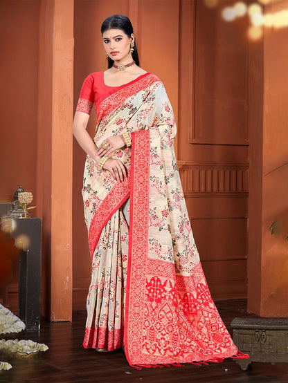 Beige Color Cotton Silk Fabric Woven Meenakari Designer Ethnic Saree