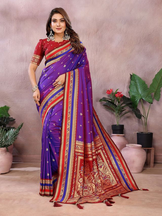 Purple Color Handloom Silk Fabric Jacquard Weaving Designer Partywear Saree