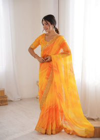 Yellow Color Georgette Chiffon Fabric Saree With Designer Festive Looks Saree