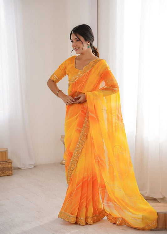 Yellow Color Georgette Chiffon Fabric Saree With Designer Festive Looks Saree