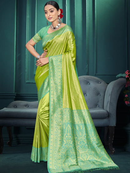 Green Color Traditional Kanjivaram Silk Saree With Beautiful Woven Designer