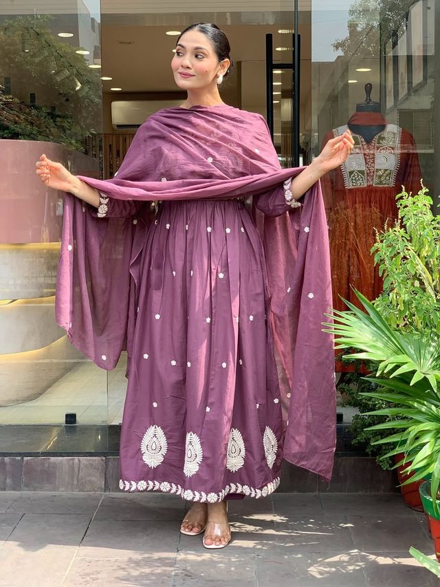 PurpleColor P V Chanderi Fabric Designer Embroiderd Stitched Suit