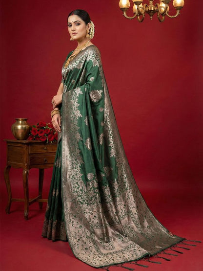 Dark Green Color Beautiful Silk Blend Fabric Woven Designer Ethnic Ceremonial Saree