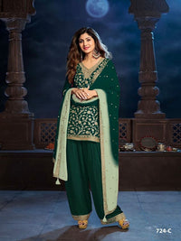 Peacock Green Dola Silk Semi stitched Wedding Suits