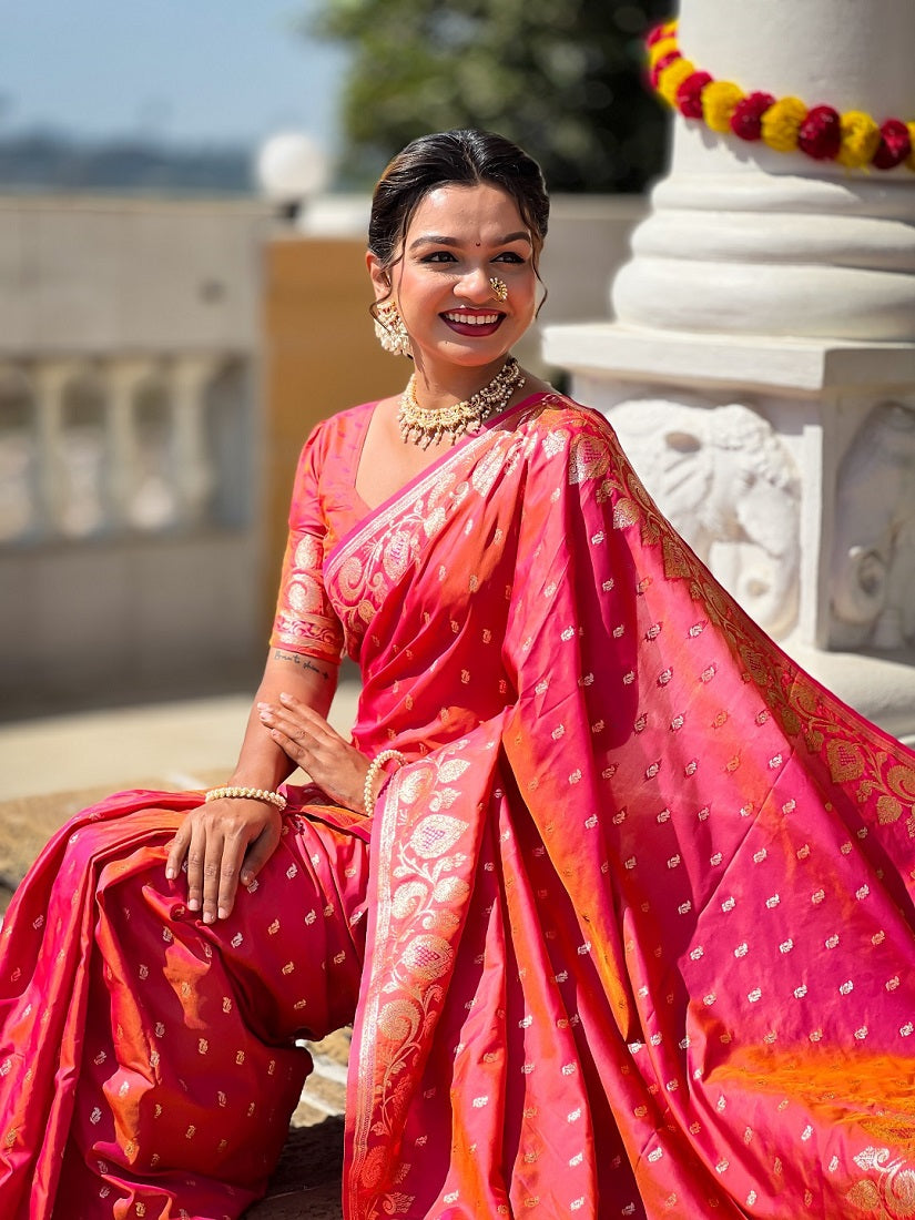 Gajari Soft Banarasi Silk Meenakari Weaving Saree With Unstitched Blouse