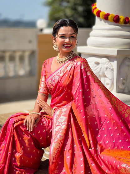 Gajari Soft Banarasi Silk Meenakari Weaving Saree With Unstitched Blouse