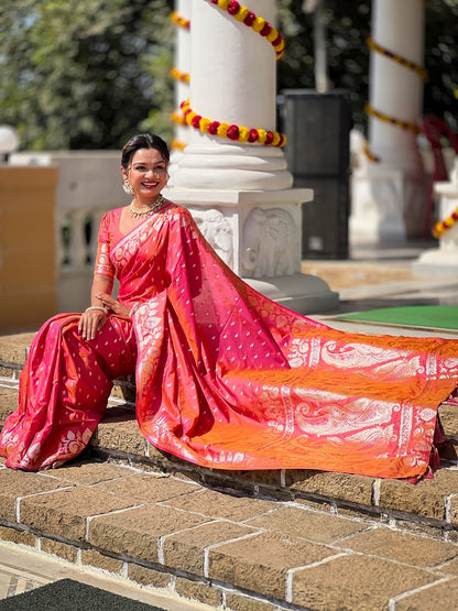 Gajari Soft Banarasi Silk Meenakari Weaving Saree With Unstitched Blouse