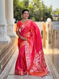 Gajari Soft Banarasi Silk Meenakari Weaving Saree With Unstitched Blouse