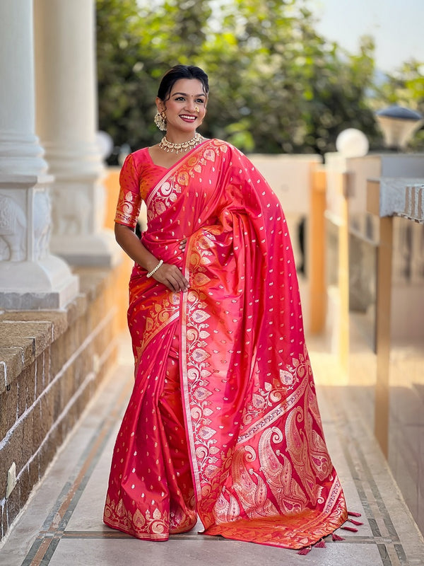 Gajari Soft Banarasi Silk Meenakari Weaving Saree With Unstitched Blouse