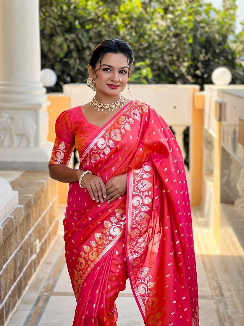 Gajari Soft Banarasi Silk Meenakari Weaving Saree With Unstitched Blouse