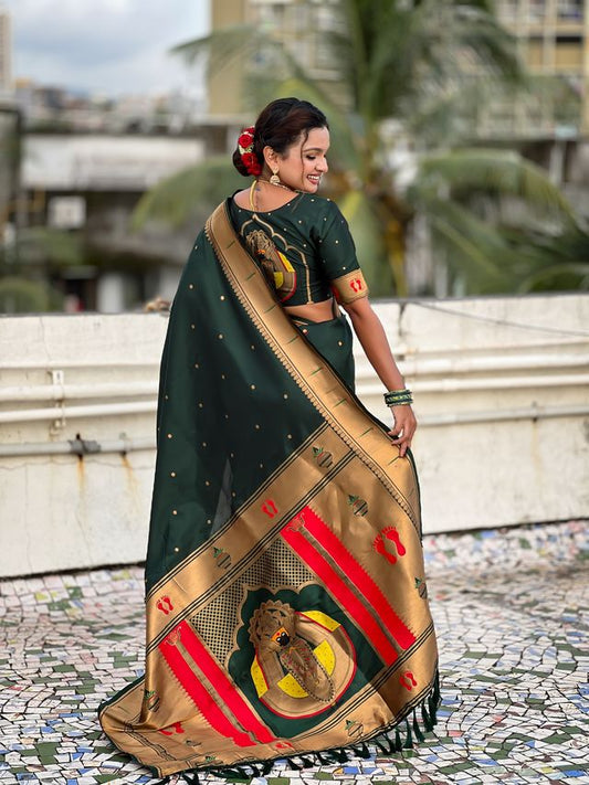 Green Color Soft Silk Fabric Woven Paithani Designer Cultural Rich Saree