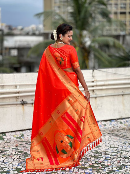 Orange Color Soft Silk Fabric Woven Paithani Designer Cultural Rich Saree